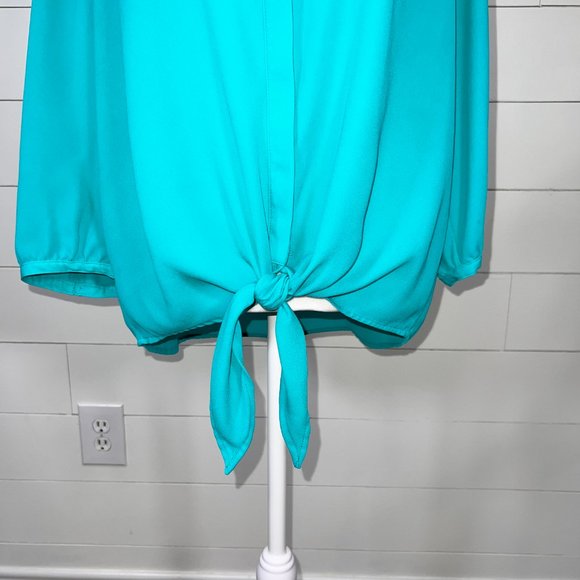 Peter Nygard Turquoise 3/4 Sleeve Button Down Blouse with Tie Waist Size 10 - Picture 4 of 12